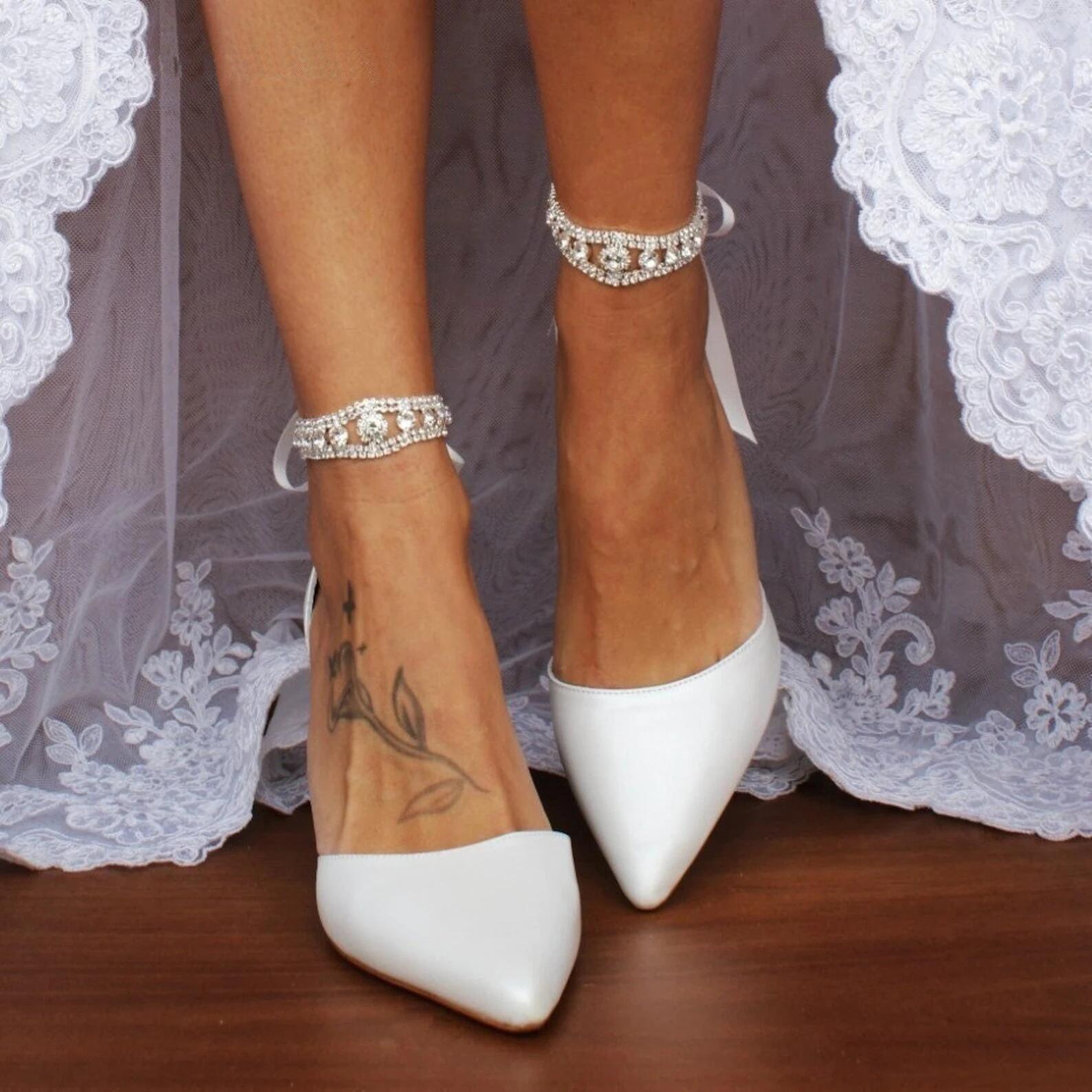 Pointed Toe Ankle Strap Block Heel Shoes with Rhinestone Bow 709319638118 - 7 Days / White / 36 - COCOMELODY